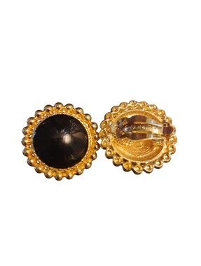 Vintage St. John Signed Black Cabochon Clip-On Earrings